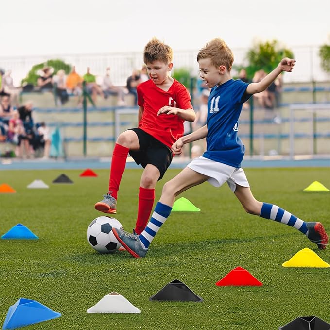 48 Pack Triangle Soccer Cones, Flexible Agility Cones with Carry Bag and Strap, Sports Drill Cones for Training, Plastic Traffic Marker Cones for Football Basketball Coaching, 8 Colors