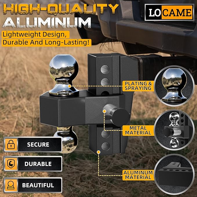 LOCAME Adjustable Trailer Hitch, Fits 2-Inch Receiver, 6-Inch Drop/Rise Aluminum Drop Hitch,12,500 LBS GTW-Tow Hitch for Heavy Duty Truck with Double Stainless Steel Locks, Black, LC0024