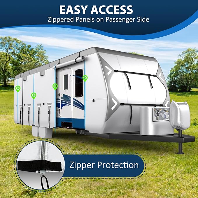 Mofeez Oxford Fabric Travel Trailer RV Cover, 420D Oxford Camper Covers 30-33 with Roof Top AC Waterproof Travel Trailer Cover with Tire Covers, Jack Cover and Propane Tank Cover