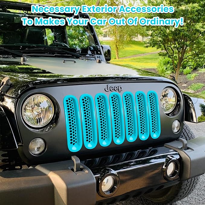 7PCS Front Grill Mesh Inserts for Jeep Wrangler JK JKU Unlimited 2007 2008 2009 2010 2011 2012 2013 2014 2015 2016 2017 2018 Grille Guard Cover Trim Clip-in Exterior Accessories (Matte Light Blue)