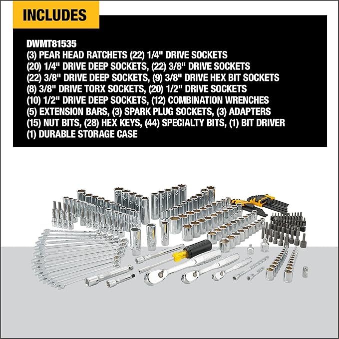 DEWALT Mechanic Tool Set, 247-Piece, 1/4 in., 3/8 in. and 1/2 in. Drive, SAE, Ratchets, Sockets, Hex Keys, Combination Wrenches, Polish Chrome Finish (DWMT81535)