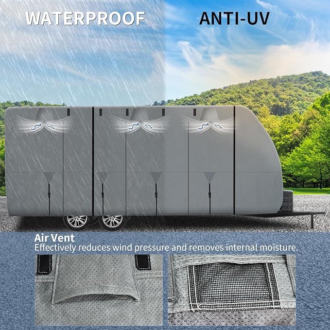 Travel Trailer RV Cover - Upgraded Anti-UV Winter Camper Fits 24-27 ft, Utility 5 Layers Heavy Duty with Tongue Jack Cover, Extra Windproof Straps