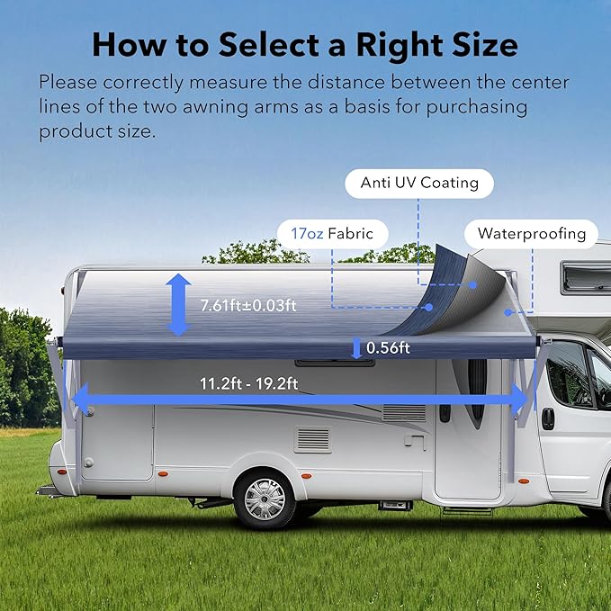 HBN RV Awning Fabric Replacement, 11'2" Fabric Length for 12' Awning, Heavy-Duty Vinyl, Weather Resistant, Universal Outdoor Canopy for RV, Trailer, and Motorhome Awnings - Blue Fade