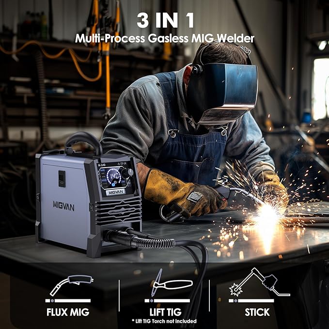 140A MIG Welder, MIGVAN 110V Flux Core MIG/Stick/Lift TIG 3 in 1 Welding Machine with Large LED Digital Display, IGBT Inverter Portable Gasless Welder with Welding Gun and Flux Core Wire