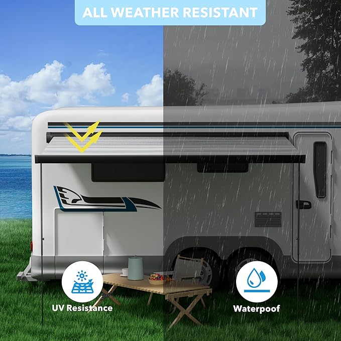 HBN RV Awning 8.3ft x 6.4ft Manual Retractable Camper Awning, Black Aluminium Frame, Waterproof UV-Resistant, for RVs, Motorhomes, and Travel Trailers