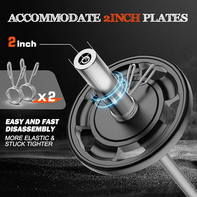 57" Olympic Barbell Bar, 2" Standard Straight Barbell Bars for Weight Lifting Bar for Bench Press/Squats/Hip Thrusts/Lunges/Biceps- Home Gym Weight Bar- 2 Spring Collars(500lb Weight Capacity)