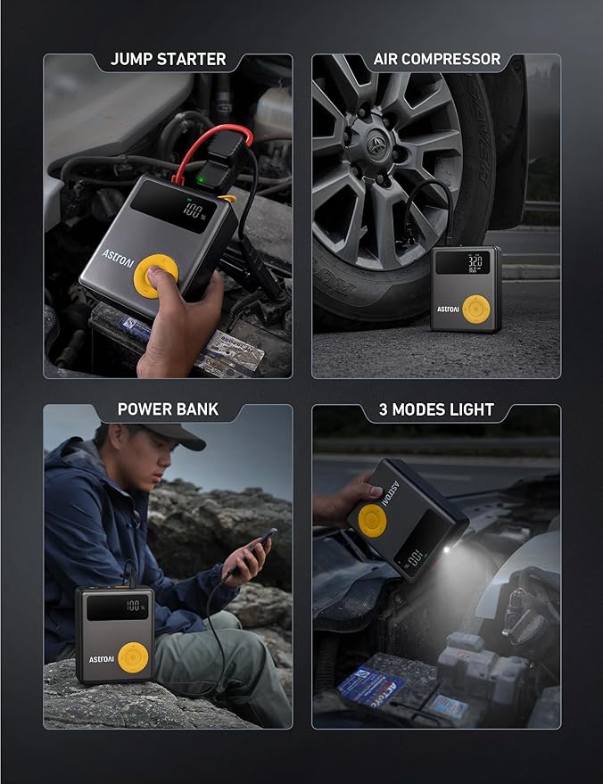 AstroAI Portable Car Jump Starter with Air Compressor, 150PSI 1750A Car Jumper Starter Battery Pack with Cordless Tire Inflator (7.5 Gas/5.0L Diesel), 12V Jump Box, Large LCD Display, Lights