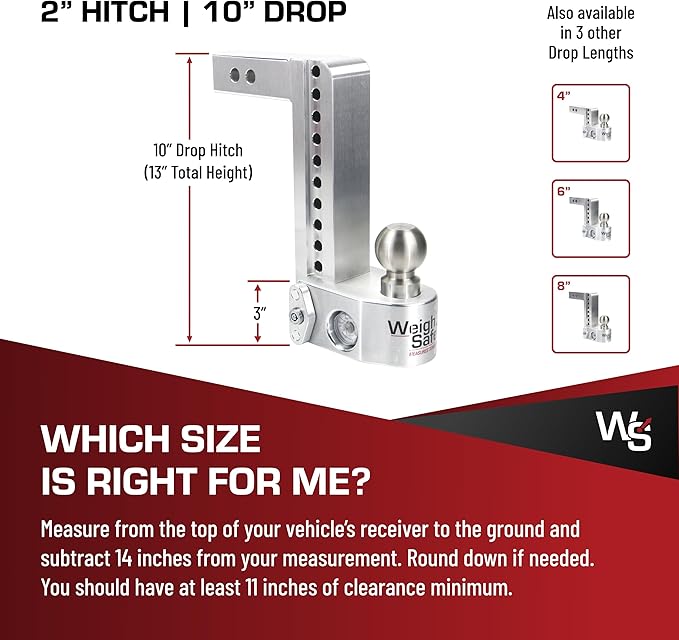 Weigh Safe Aluminum Adjustable Trailer Hitch - Towing Hitch with Built-In Tongue Weight Scale - Compatible with 2" Receivers - 10" Drop, Stainless Steel Tow Balls, 12,500 GTW, 1-Piece Lock Set
