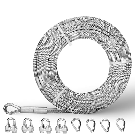 1/2" Stainless Steel Cable 75FT, 7x19 Strands Wire Rope Cable with 23000 lbs Breaking Strength, Stainless Steel Wire Rope with M12 Clips Clamp and Thimbles for Boat Lift Cable, Winch Cable