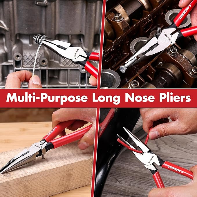 ARROW 8" High Leverage Needle Nose Pliers with Side Cutters, Long Nose Pliers for Gripping, Wire Bending, Cutting
