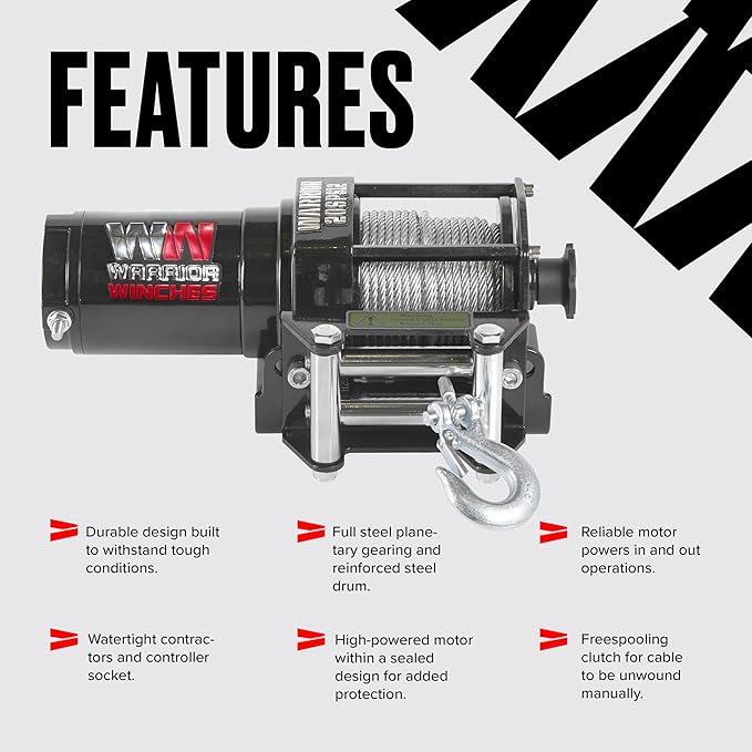 Warrior Winches Ninja 2000 lbs - Premium 12V Electric ATV/UTV Winch with Steel Cable, Compact and Powerful 12 Volt ATV Winch - Comes with Wireless Remote - Perfect for ATV, UTV, Boat, Trailer