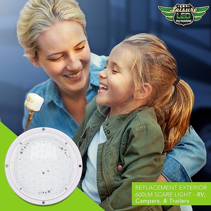 Leisure LED RV Trailer Camper 5th Wheel White 8.5" Round Scare Porch 12V LED Light 600 LM