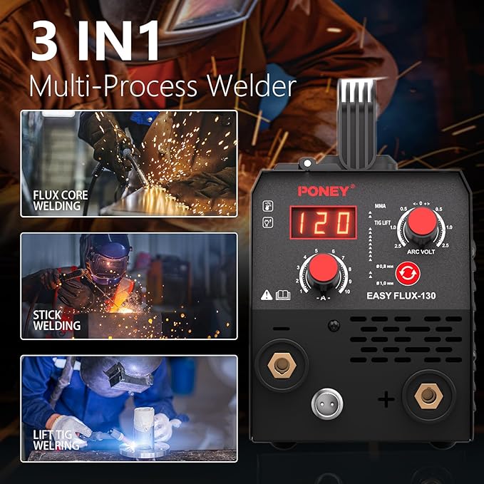 PONEY 120A Flux Core MIG Welder 110V - 3 in 1 Gasless MIG/Stick/Lift TIG Welding Machine with Synergic Control IGBT Inverter Multi-process Portable Wire Feed Welder