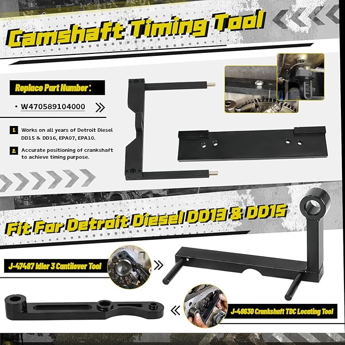 9 PCS DD15 Timing Tool Engine Brake Adjustment Tool Engine Barring Tool TDC Locating Pin Fuel Line Socket Camshaft Timing Tools Idler 3 Cantilever Tool Crankshaft TDC Locating Tool J-48630 J-46392