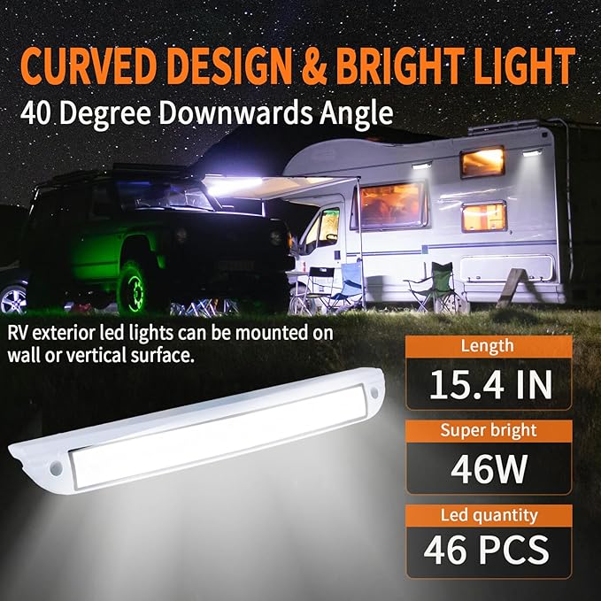 15.4 Inch RV LED Exterior Light Fixture, 6000K Cool White Flood Beam LED Porch Outdoor Utility Light, 12V/24V DC Work Scene Lighting for Truck/Camper/Boat/Trailer, White Finish, 1-Pack