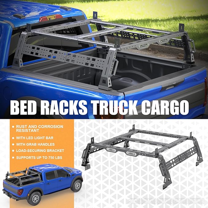 Extendable Overland Truck Bed Cargo Rack with Grab Handle, 18.5"-27.5" Heavy Duty High Bed Rack for Ford F-Series, for Silverado & Sierra & Ram 1500/2500/3500, for Jeep Gladiator JT, for Titan Tundra