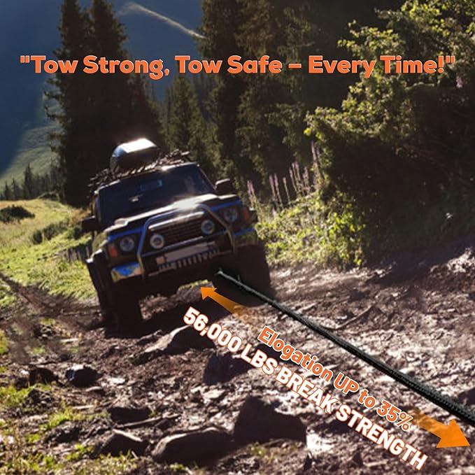 1.26" x 30ft Heavy-Duty Kinetic Recovery Rope – 56,000lbs Break Strength – Includes 2 Ultra-Strong UHMWPE Soft Shackles – Ideal for Trucks, SUVs, Jeeps, UTVs, ATVs & Tractors (Black)
