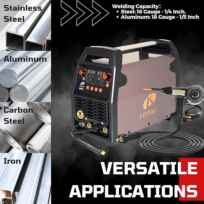 LOTOS MIG180 180A MIG Welder, 6 in 1 Gas MIG, Gasless Flux Core MIG, Stick, Lift TIG, Spot, Spool Aluminum Multi Process Welding Machine, Auto MIG Synergistic Setting & Voltage Fine Tuning, 120/240V