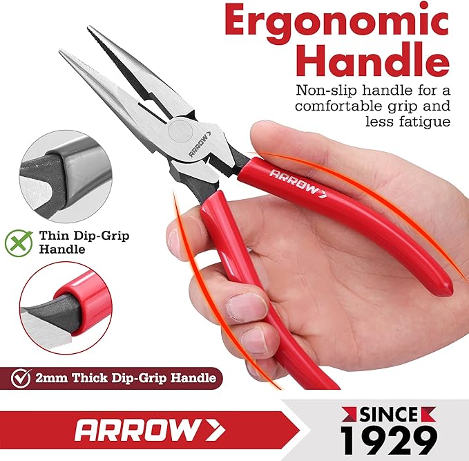 ARROW 8" High Leverage Needle Nose Pliers with Side Cutters, Long Nose Pliers for Gripping, Wire Bending, Cutting