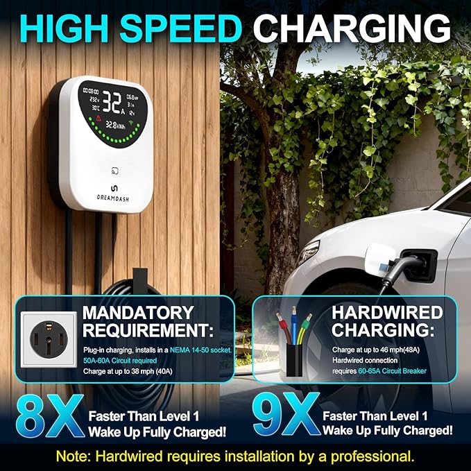 Fast Level 2 EV Charger 48 Amp(WiFi APP),25ft Cable ETL Certified,240V NEMA 14-50p Plug,Swipe to Start,Wall EV Charger Level 2 for Home/ J1772 Connector,Electric Vehicle Charging Stations