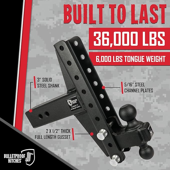 BulletProof Hitches - 3.0" Adjustable Extreme Duty Trailer Hitch (36,000 lb. Rating) - Offset 4" & 6" Drop/Rise with 2" and 2 5/16" Dual Ball - Powder Coat, Solid Steel, Corrosion-Resistant