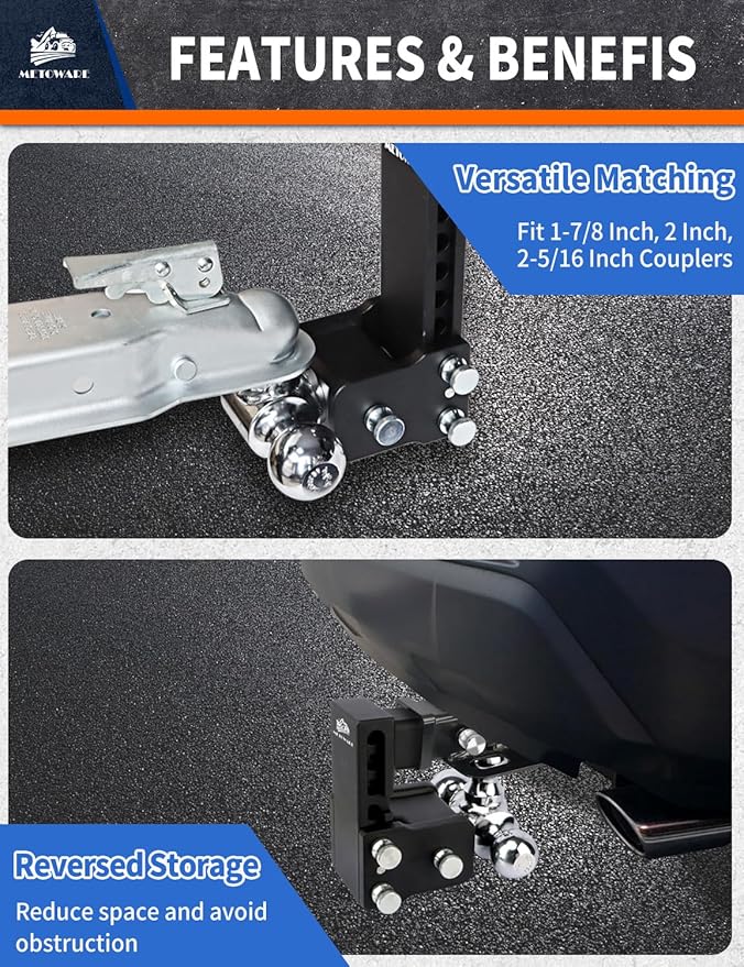 METOWARE Adjustable Trailer Hitch Ball Mount-Fits 2.5" Receiver-Heavy Duty Drop Hitch, Tri-Ball (1-7/8" x 2" x 2-5/16") 4" Drop/Rise, 18,000 GTW and Anti-Theft Stainless Steel Lock