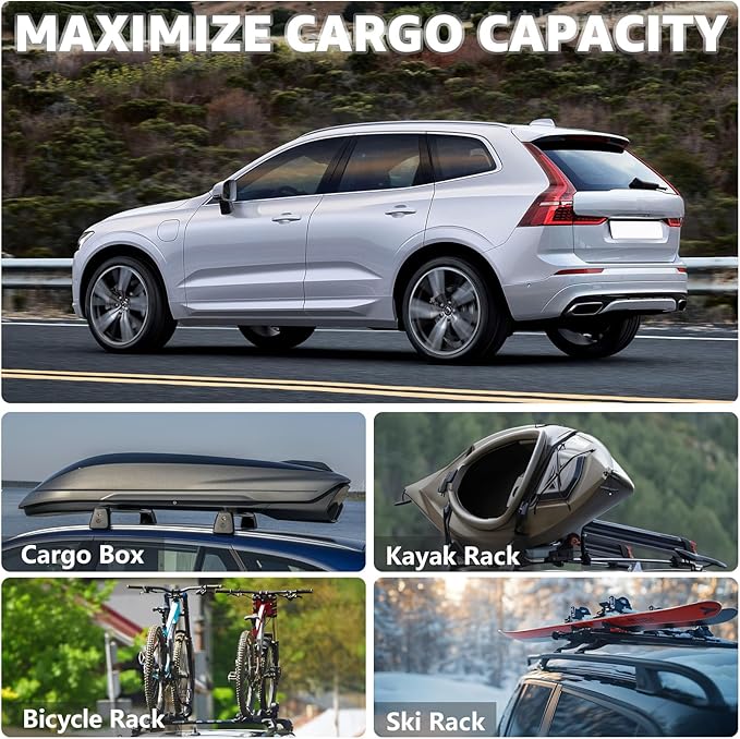 Roof Rack Cross Bars Compatible with Volvo XC-60 XC60 2018-2025, Adjustable Aluminum Heavy Duty 300 LBS Anti-Theft Lock Cargo Carrier Rooftop Crossbar Accessories for Bike, Basket, Snowboard, Luggage