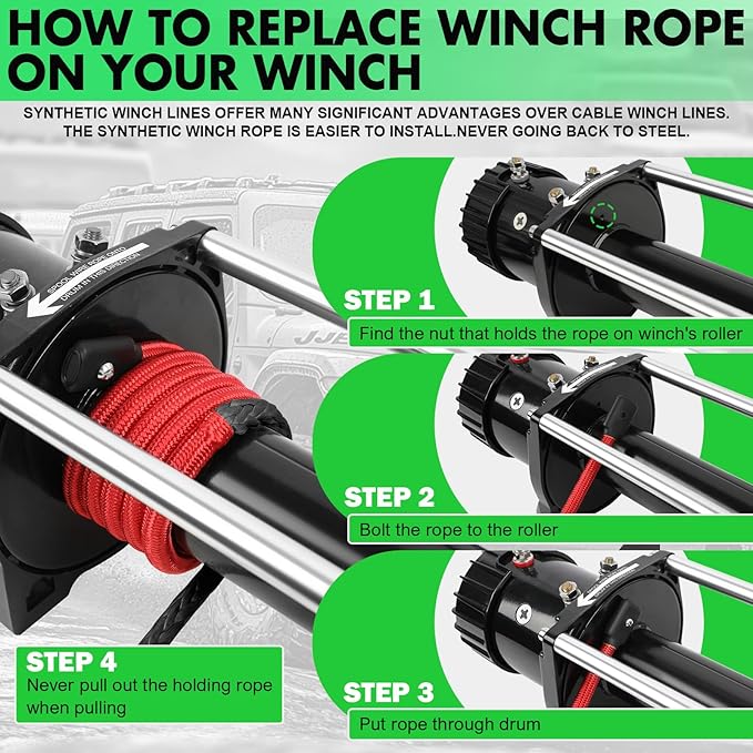 Synthetic Winch Rope, 3/8'' x 85ft 25,000LBS Synthetic Winch Line 3/8 Winch Cable Replacement Synthetic Rope with Forged Winch Hook for 4WD Off Road Vehicle SUV Truck(Black)