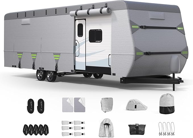 ACTFLAME 7-Layer Thickened RV Cover, 24-27ft Ultra Windproof & Tear Resistant Travel Trailer Cover, All-Weather Camper Cover with 6 Vents & Breathable Design, 5+2 Reinforced Straps and Complete Kit