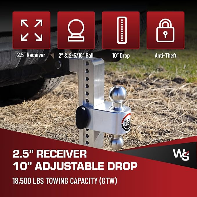 Weigh Safe Adjustable Trailer Hitch Ball Mount, 10" Adjustable Drop Hitch for 2.5" Receiver w/ 4 pc Keyed Alike Lock Set, Heavy Duty Aluminum Trailer Tow Hitch w/Chrome Plated Tow Balls, 18,500 GTW