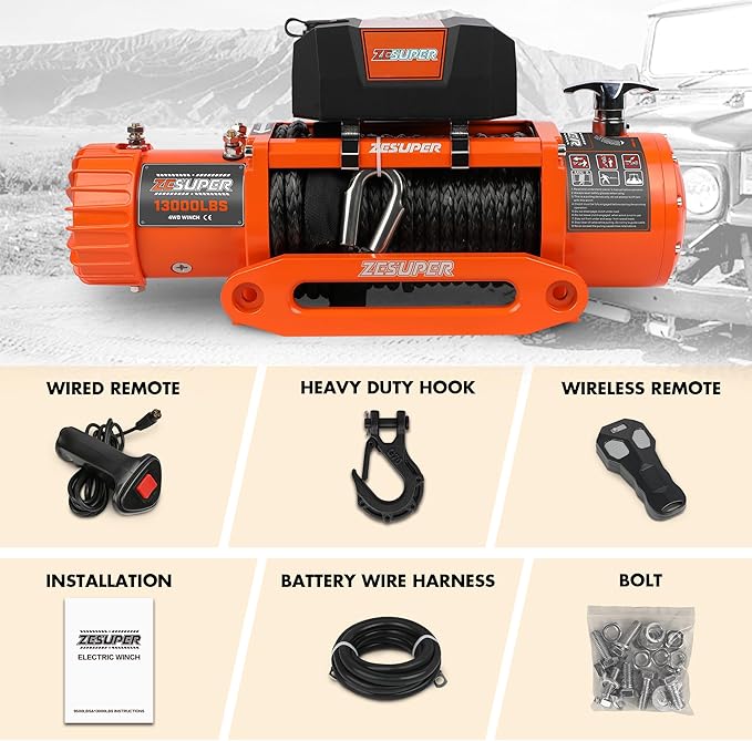 ZESUPER 13000 lbs Electric Winch Kit, IP68 Waterproof 12V Winch for Jeeps,Trucks,SUV, Synthetic Rope Winch with Wireless Handheld Remote, Corded Control, Hawse Fairlead,Hook