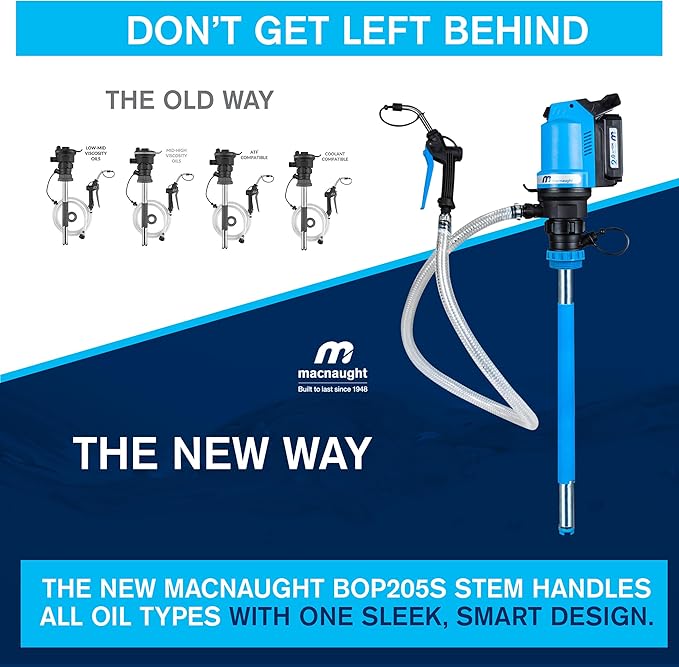 Macnaught BOP Battery Operated Oil Pumps - 16 to 55 Gallon, 5FT Hose, On-Demand Nozzle – for Oil, ATF, Coolant, Hydraulic Fluids – 2 Years Warranty (16-55 Gal Complete Starter Kit)