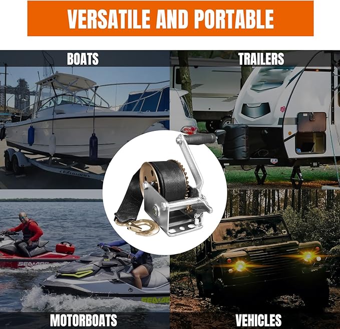 Hand Winch, 800 lbs Pulling Capacity, Boat Trailer Winch Heavy Duty Rope Crank with 20 FT Polyester Strap, Manual Operated Hand Crank Winch for Trailer, Boat or ATV Towing