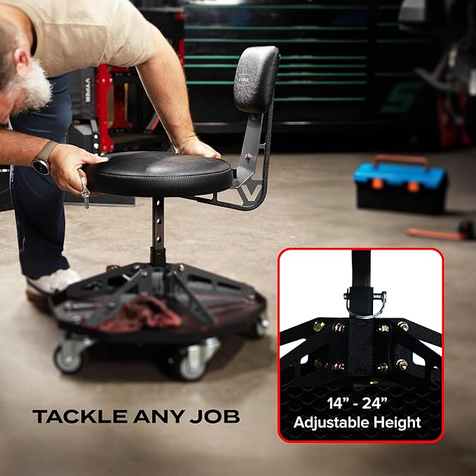 Vyper Robust Steel Sport Shop Chair for Mechanics, Automotive, DIY - 300 lb Capacity Garage Stool with Backrest & Large Wheels (Black Seat, Black Frame)