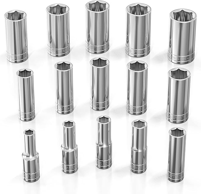 Olsa Tools SAE Deep Socket Set - 1/2-Inch Drive, 18pc - 6-Point Chrome Sockets from 3/8" to 1-1/4" and No Skipped Sizes - Mechanic Deep SAE Socket Set - Professional Grade Long Sockets - Part: 1319