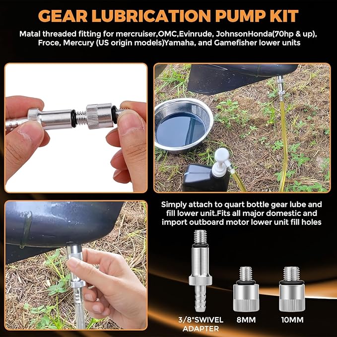 Lower Unit Gear Oil Pump for Standard Quart Bottles for 28mm bottle caps，10CC Per Pump Stroke，gear oil pump for quart bottle 3/8 inch Metal Swivel， 8mm and 10mm， 3rd Hand Adapter and 19 inch hose