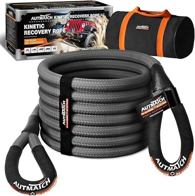 AUTMATCH Kinetic Recovery Tow Rope 1" x 20FT - Heavy Duty Offroad Snatch Strap 48000Lbs, 35% Elasticity Energy Recovery Tow Rope for 4x4 Off-Road Vehicle, Truck, Trailer, ATV, UTV, Gray