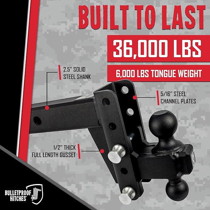 BulletProof Hitches - 2.5" Adjustable Extreme Duty Trailer Hitch (36,000 lb. Rating) - 4" Drop/Rise with 2" and 2 5/16" Dual Ball - Powder Coat, Solid Steel, Corrosion-Resistant
