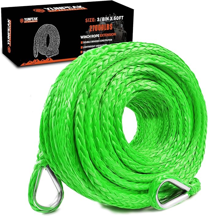 Winch Rope Extension, 3/8'' x 50ft 27,000Lbs Synthetic Winch Extension Rope, Winch Extension Line for Off Road Vehicle ATV UTV SUV Jeep (Green)