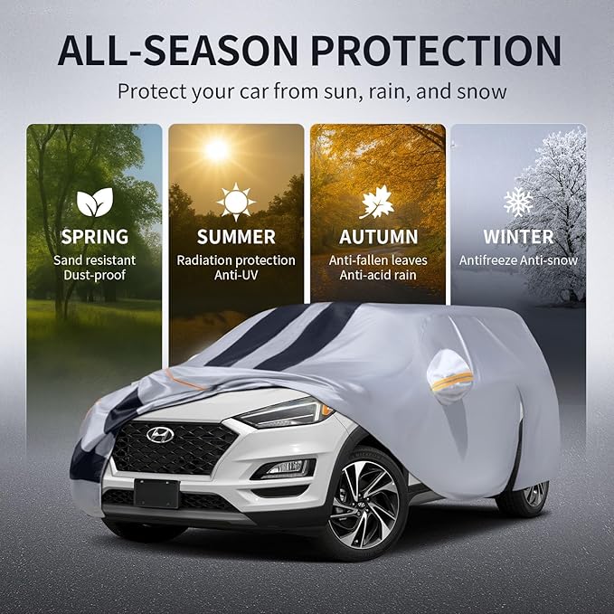10 Layers Car Cover Custom Fit for Hyundai Tucson 2004-2026 100% Waterproof All Weather Automobiles, Gift with Towel, Heavy Duty Car Covers for Rain Sun UV Protection with Door Zipper.
