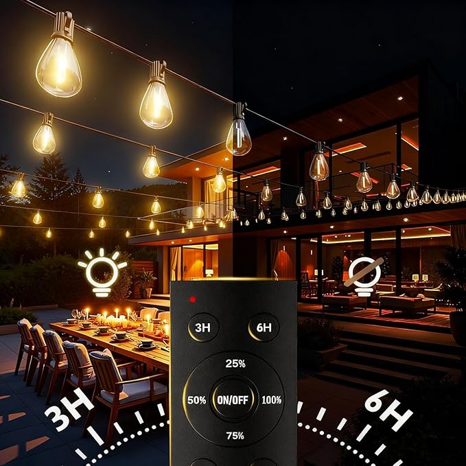 100FT LED Outdoor String Lights with Remote, Dimmable Timing 3 Light Modes Outside Patio Lights for Backyard Porch Deck Garden Balcony Pool Party Hanging Lighting Decor