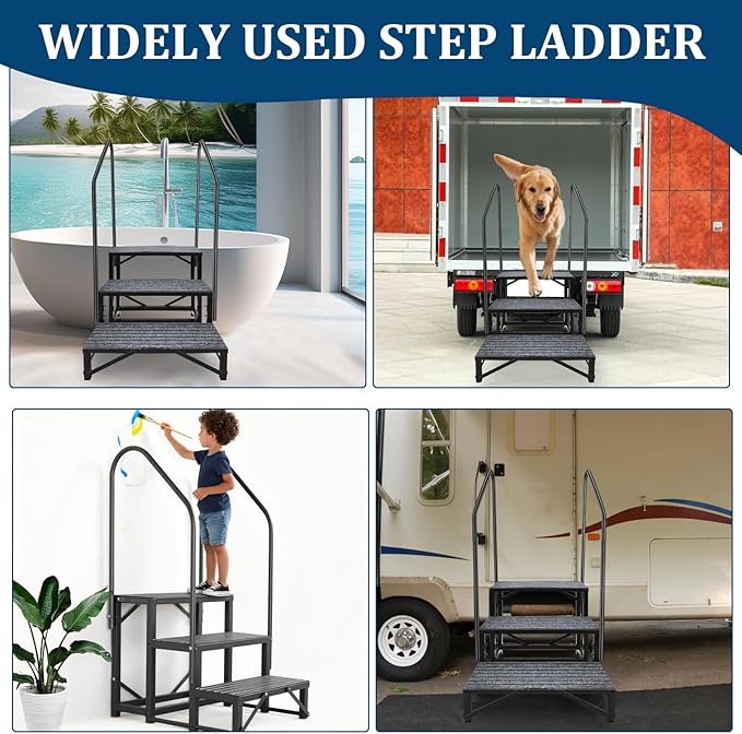 RV Steps with Handrail, Spa Steps Hot Tub Steps Trailer Steps Mobile Home Stairs for Camper, Hot Tub, Trailer with Anti-Slip Mats