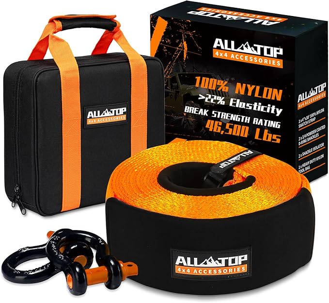 ALL-TOP Extreme Duty Tow Strap Recovery Kit: 4inch x 30ft (46,500lbs) 100% Nylon and 22% Elongation Snatch Strap + 3/4 Heavy Duty D Ring Shackles (2pcs) + Storage Bag