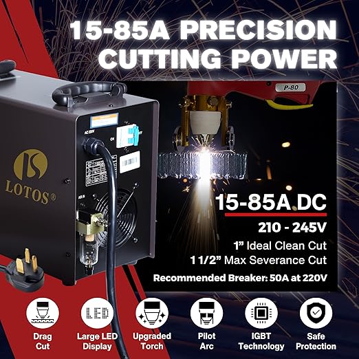 LOTOS LTP8500 85AMP Non-Touch Pilot Arc Plasma Cutter, Drag Cut Enabled, 1” 25mm Clean Cut, 1.5" 38mm Severance Cut, Metal Cut Machine, Plasma Cutting Equipment, 220V