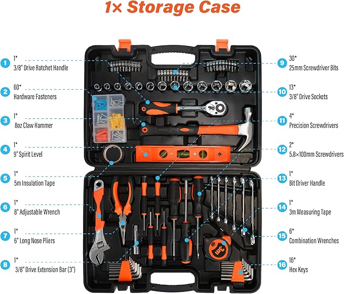 General Household Hand Tool Kit, Portable Complete Repair Tool Set for Homeowner Men, Basic Tool Box with Case for Home Car Dorm