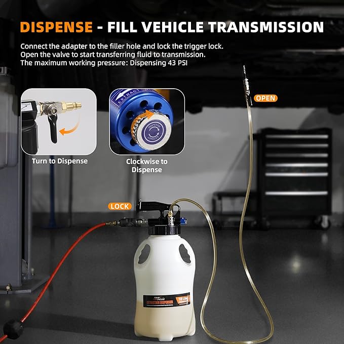 FOUR UNCLES 10L Transmission Fluid Pump - Pneumatic Transmission Fluid Extractor and Dispenser with 15 Metal ATF Adapters and Pressure Gauge for Automotive Use, Transmission Fluid Transfer Pump Kit