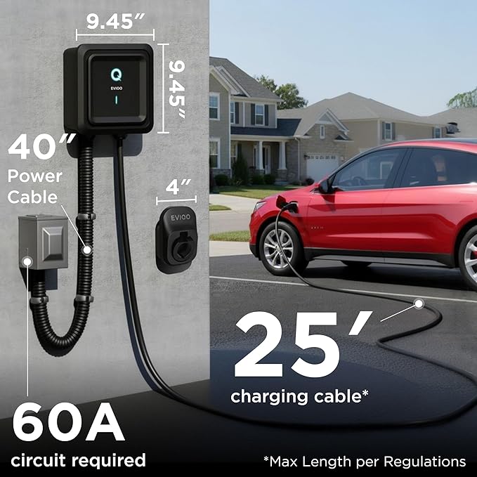 EVIQO EV Charger Level 2 48 Amp - Level 2 EV Charger Hardwired, 240V Electric Vehicle Charging Stations, J1772 Chargers 11.5kW, Wall EV Chargers for Home, EVSE EV Charging Station 25' Cord - Gen 2