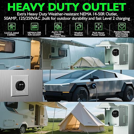 NEMA 14-50 Outlet for Ev Charging, Weather-Resistant High-Power 50 Amp125/250V Extra Heavy Duty Outlet, Flush Receptacle, 3 Pole 4 Wire 240V, UL Listed