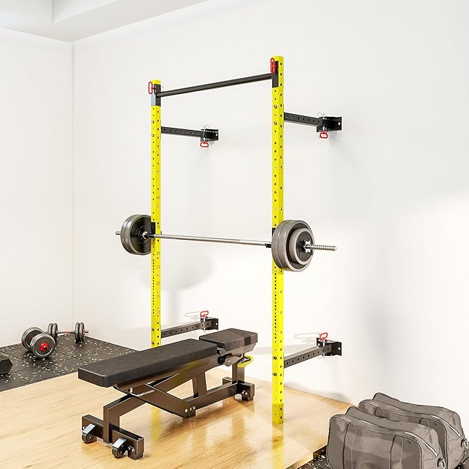 Soozier Folding Squat Rack with Adjustable Pull-Up Bar, 1000 Pounds Capacity Wall Mounted Power Rack, Adjustable Barbell Rack with J Hooks for Home Gym Full Body Workout