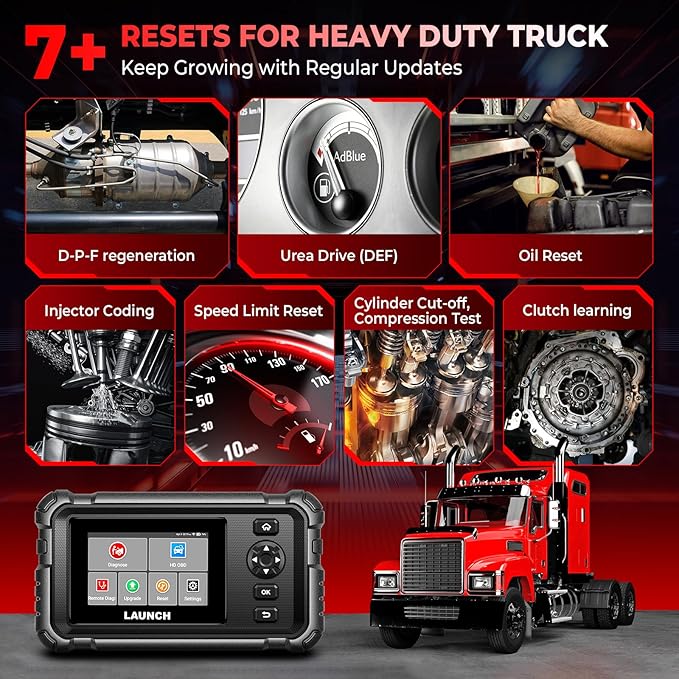 Launch CRP129 HD Heavy Duty Truck Scanner, 2025 Full System Diesel Scanner with Speed Limit Adjust Reset, D.P.F Regen, Oil Reset for Commercial Vehicles, Cummins, Detroit, International Paccar